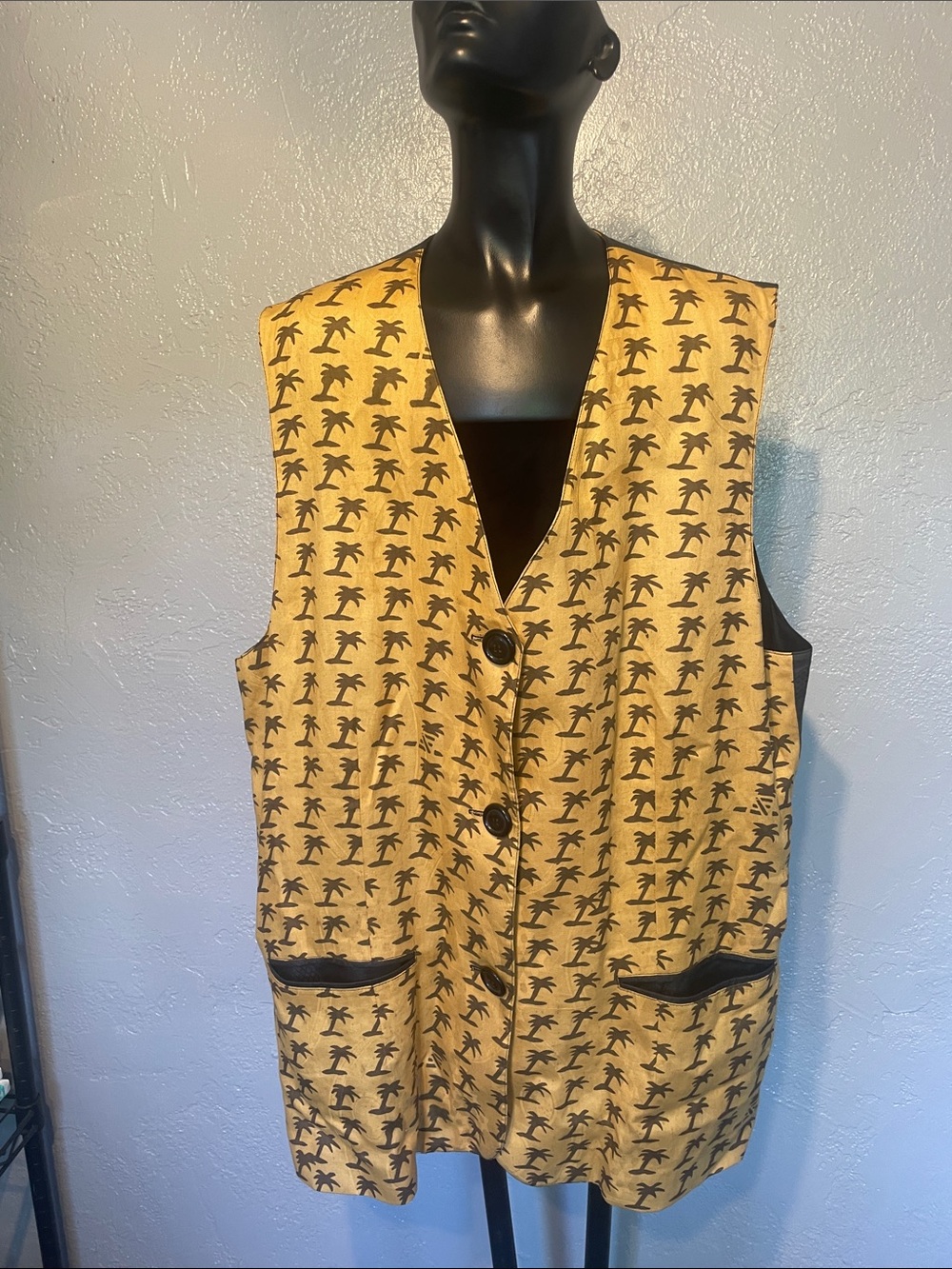 Women’s Palm-Print Button Front lined with pockets handmadeVest - Yellow